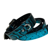 Coiled black and blue snake-patterned leather collars with silver buckle and D-ring hardware against a white background.