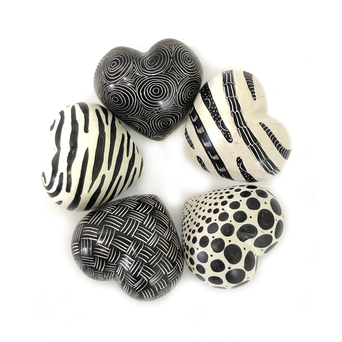 Black + White Graphic Stone Hearts - set of 5 by Mbare Ltd - main product image for Resin Society