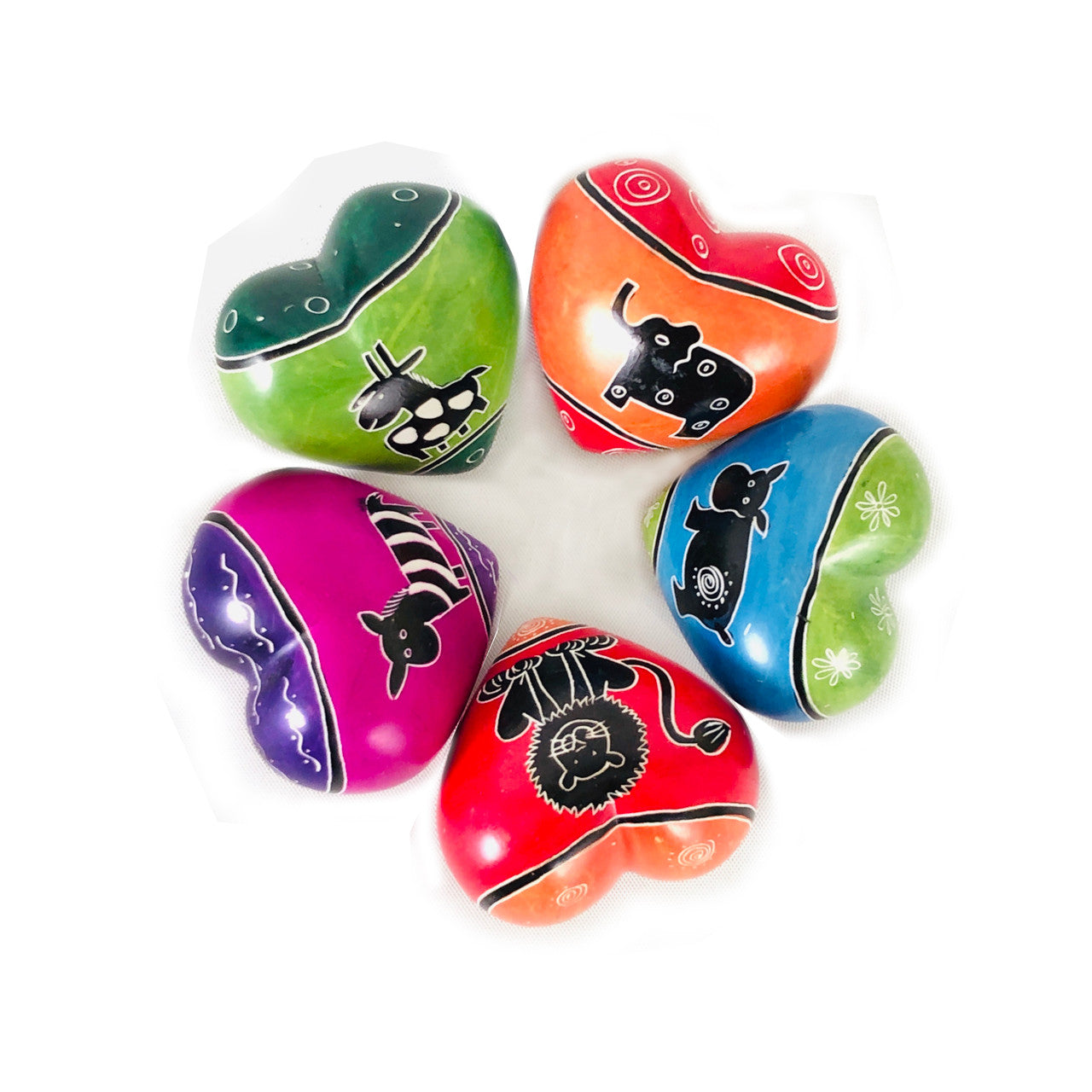 Set of 5 colorful hand-carved soapstone animal hearts arranged together