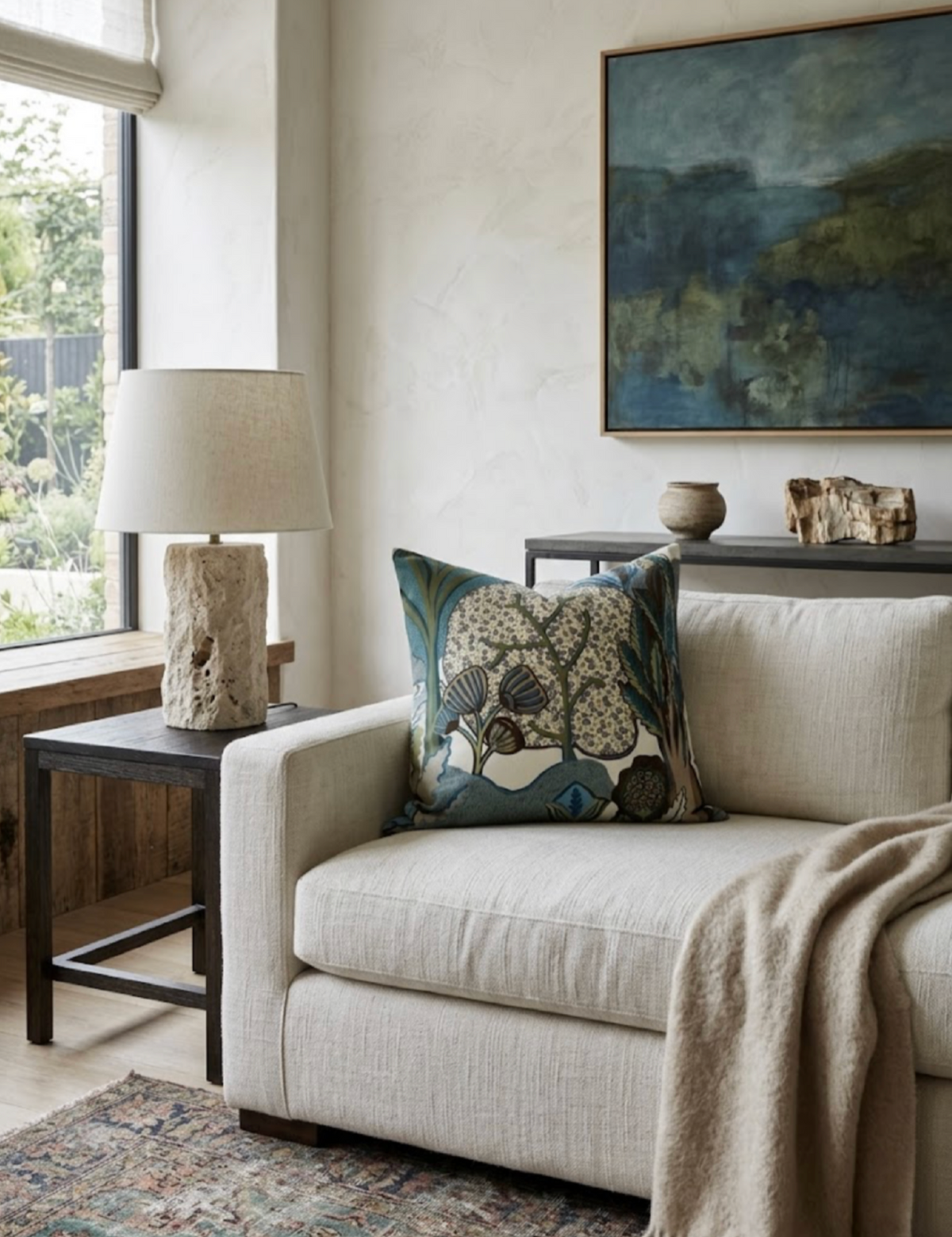 Cream sofa with a textured beige throw and a decorative pillow featuring a stylized tree pattern in sage and beige hues, beside a wood and metal side table with a textured ceramic lamp.