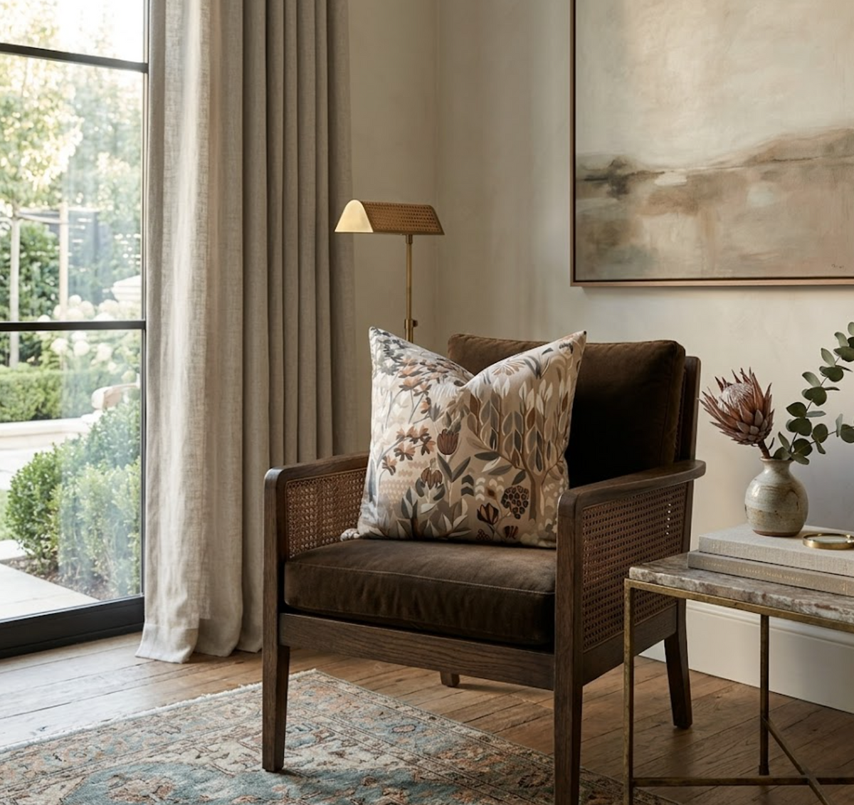 Brown armchair with woven wood sides holding a floral-patterned pillow featuring leaves in muted beige, gray, and brown, set beside a marble-top table and soft curtains.