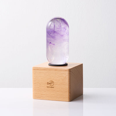 EP Light Amethyst Resin LED Bulb showing handcrafted purple resin design with optional wooden base