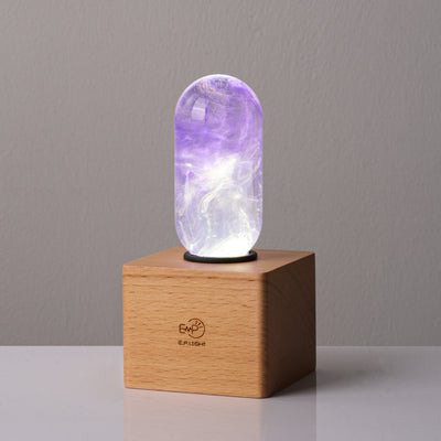 EP Light Amethyst Resin LED Bulb showing handcrafted purple resin design with optional wooden base
