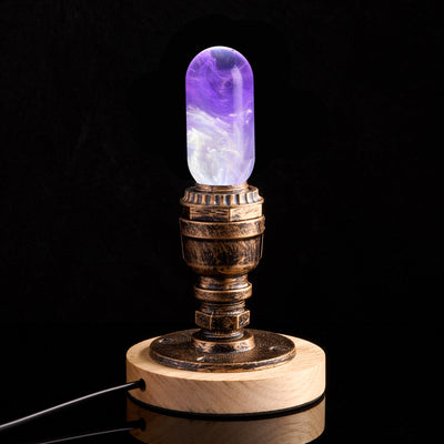 EP Light Amethyst Resin LED Bulb showing handcrafted purple resin design with optional wooden base