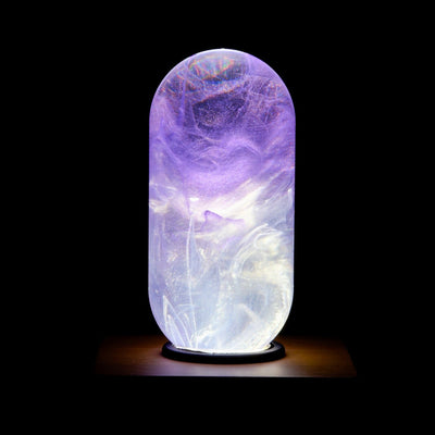 EP Light Amethyst Resin LED Bulb showing handcrafted purple resin design with optional wooden base