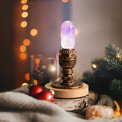 EP Light Amethyst Resin LED Bulb showing handcrafted purple resin design with optional wooden base