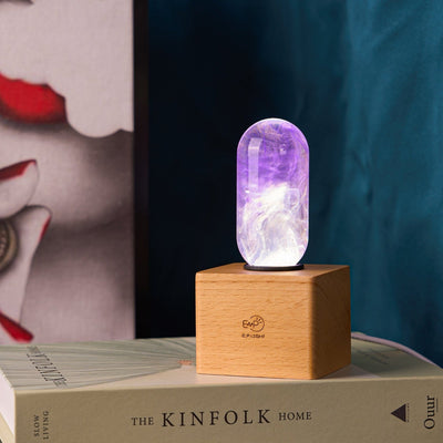 EP Light Amethyst Resin LED Bulb showing handcrafted purple resin design with optional wooden base