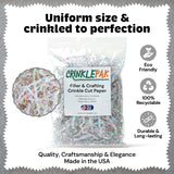 Clear plastic bag filled with white iridescent crinkle cut paper for filler and crafting, shown with a close-up inset of the crinkle texture and eco-friendly icons.