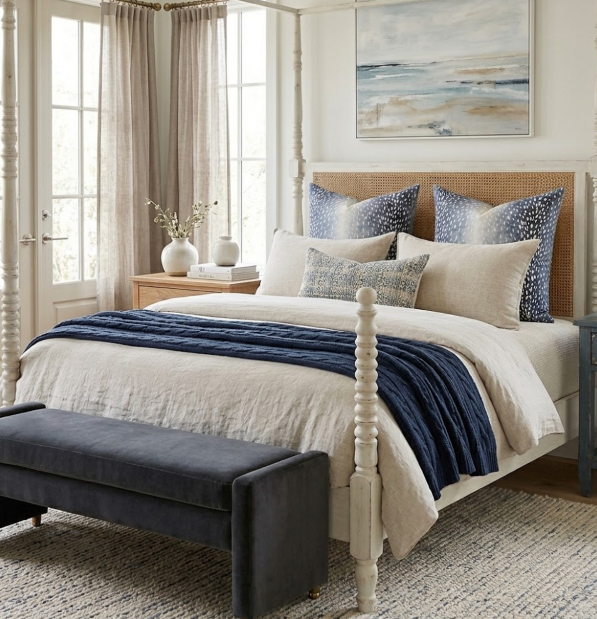 Bed with cream duvet and navy blue textured throw, navy blue antelope-pattern pillows, beige headboard, and abstract seascape painting on white wall.