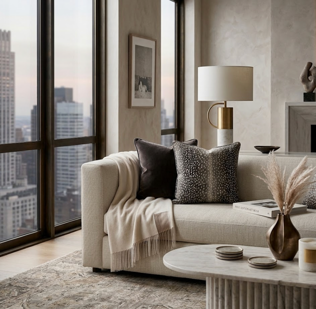 Charcoal antelope-print pillow with white spots sits on a cream sofa alongside a dark gray pillow and a beige throw in a modern living room with city views.