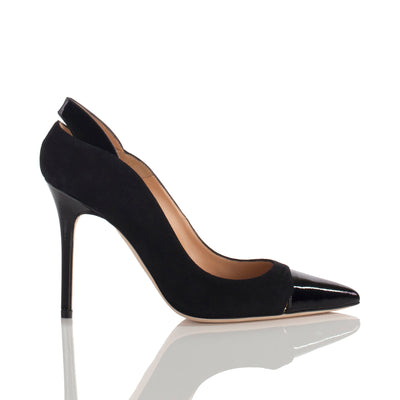 Black suede Qatar pump with cutout detail and leather wrapped 4-inch heel