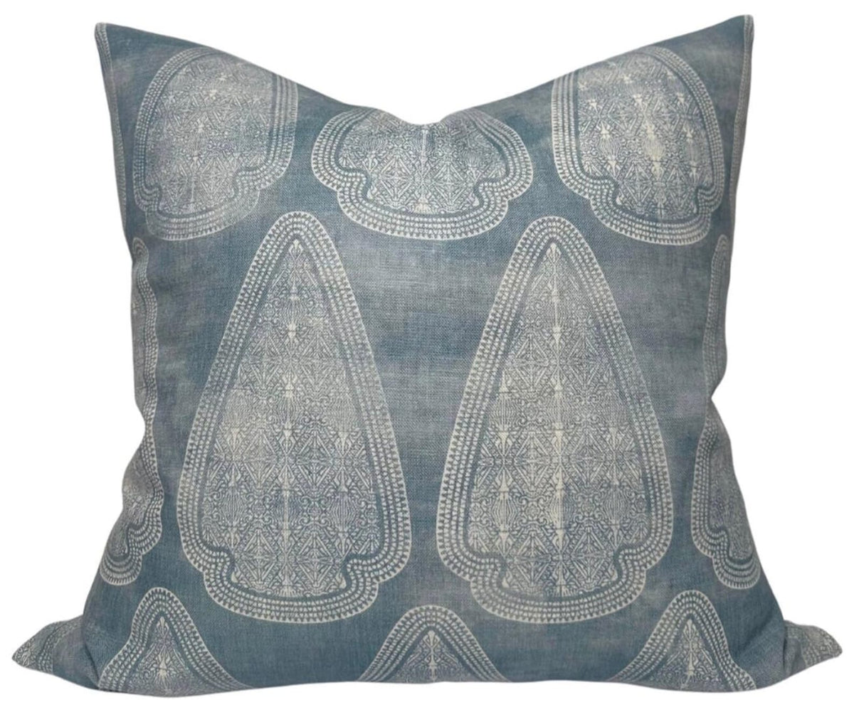 Artemis Distressed Pillow Cover in Lake Blue with ivory linen backing