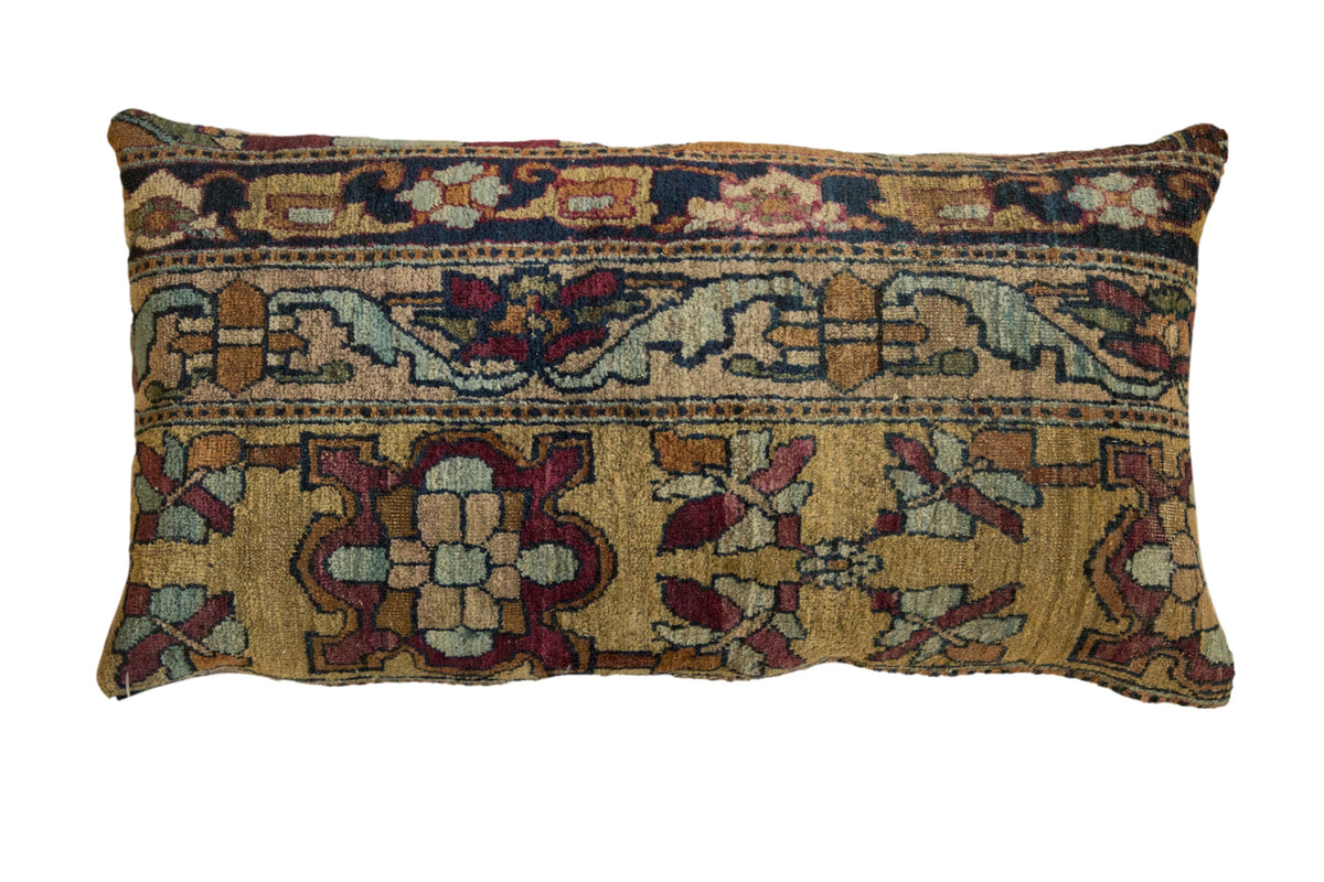 Antique Kerman Rug Fragment Lumbar Pillow in ochre gold with layered floral and turtle-like border design