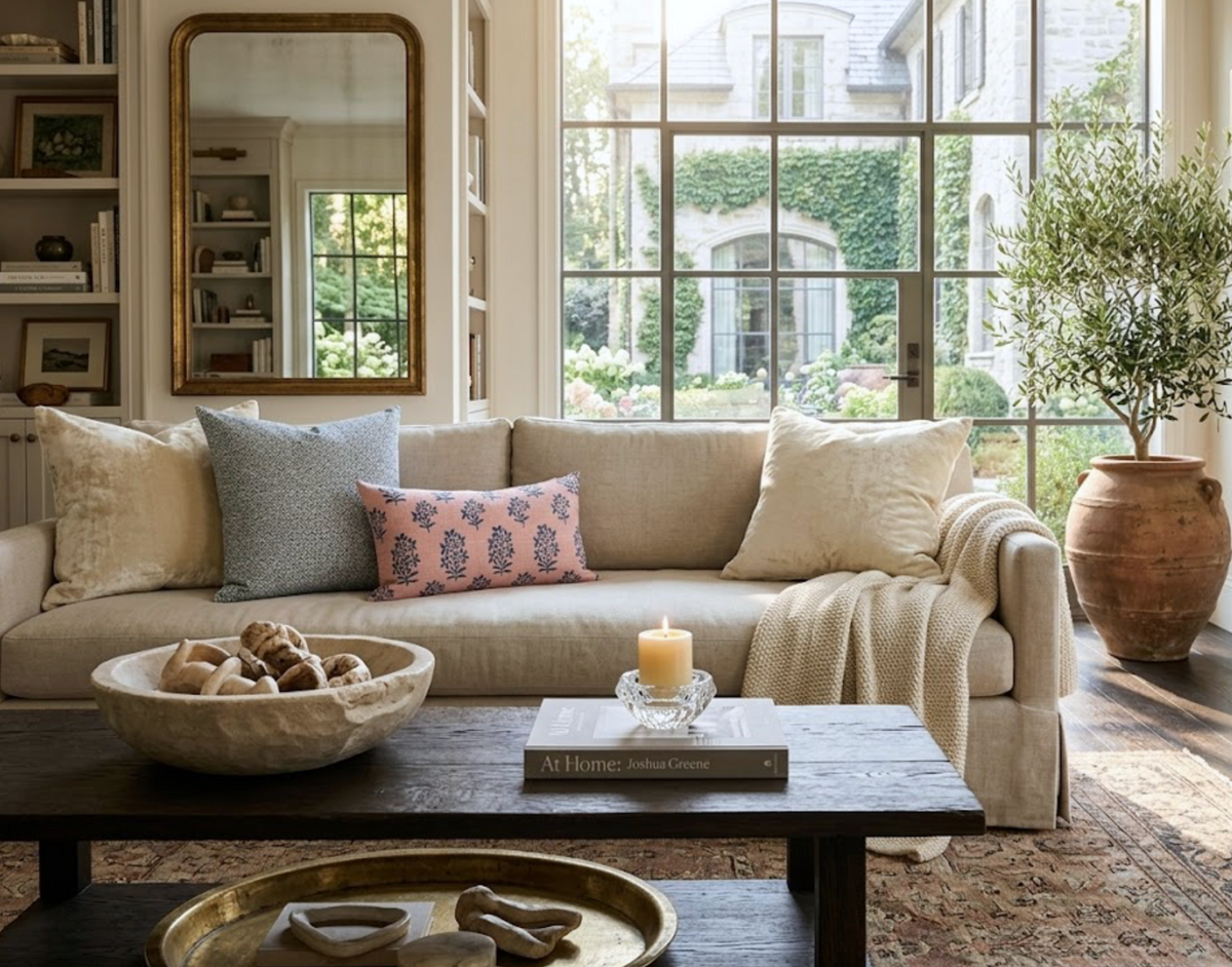 Neutral-toned living room sofa with blue, pink patterned Asha pillow cover, beige pillows, light throw, and rustic wooden coffee table with bowl and candle.