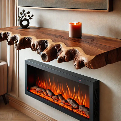 Custom live edge walnut wood mantel shelf above modern fireplace showcasing natural wood grain and handcrafted detail