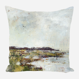 Abstract marsh scene pillow featuring muted green and brown wetland textures under a pale, cloudy sky with soft brushstroke details.