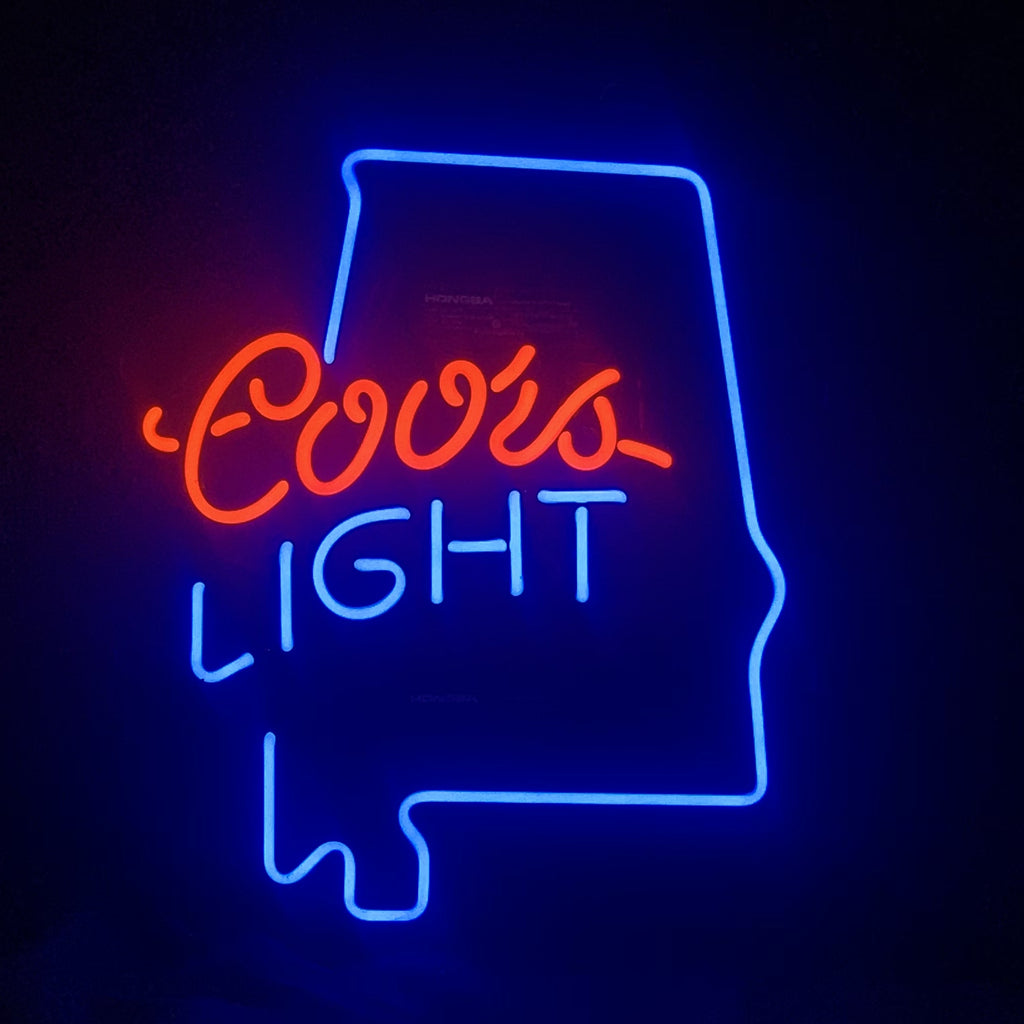 Neon sign featuring the blue outline of the state of Alabama with the red 'Coors' and blue 'LIGHT' text inside the shape on a dark background.