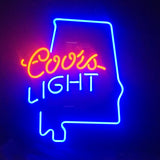 Coors Light with Alabama Maps Neon Light Sign glowing mounted on wall