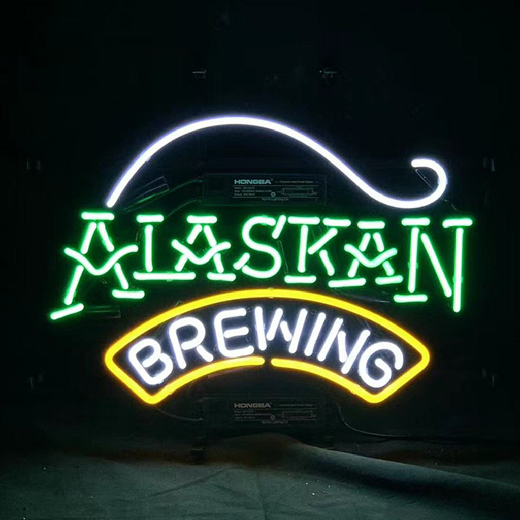 Alaskan Brewing Beer Neon Sign Light with glass tubes illuminated on a metal grid backing
