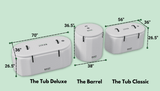 Three white inflatable tubs with black zipper and handle details labeled The Tub Deluxe, The Barrel, and The Tub Classic, shown with their dimensions on a light green background.