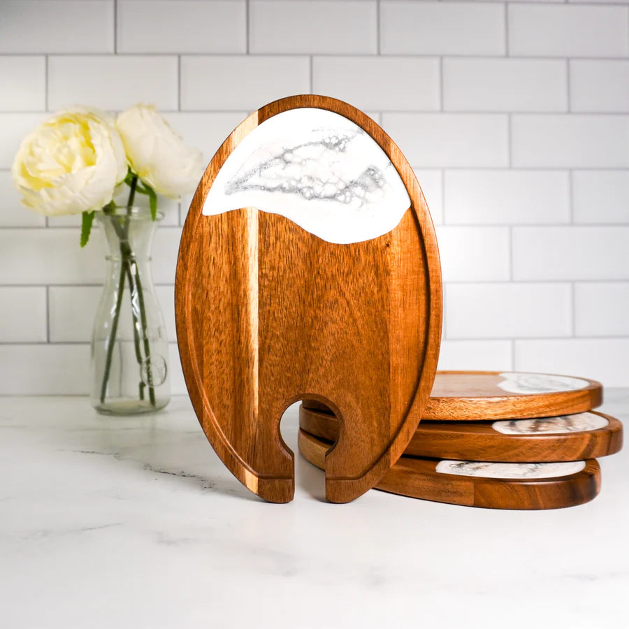 Wooden resin Wine & Appetizer Trays  with marble-patterned surface on a white countertop.