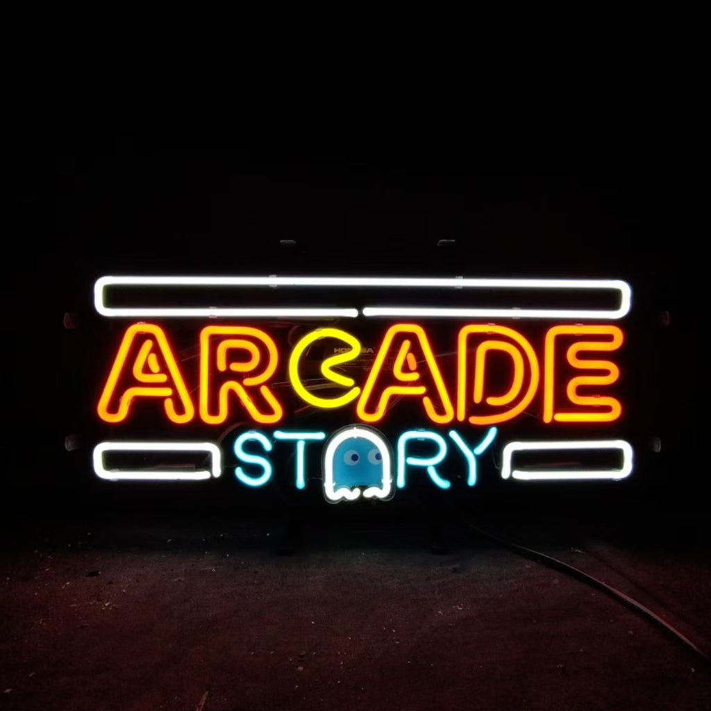 Neon sign displaying 'ARCADE STORY' with 'ARCADE' in orange and yellow, and 'STORY' in light blue, featuring a small blue ghost icon below the letter 'O'.