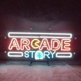 Arcade Story Neon Signs mounted on wall, glowing with bright neon colors