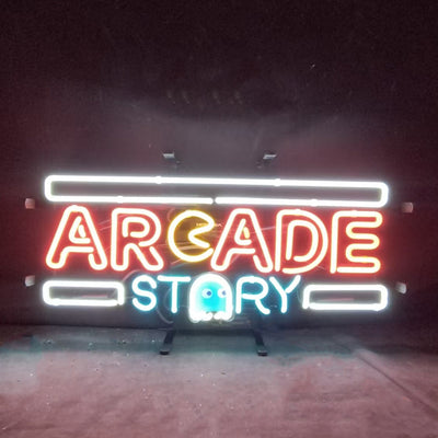Arcade Story Neon Signs mounted on wall, glowing with bright neon colors