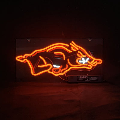 Arkansas Razorbacks Sport Logo Neon Sign Light glowing in red with white accents on metal grid backing