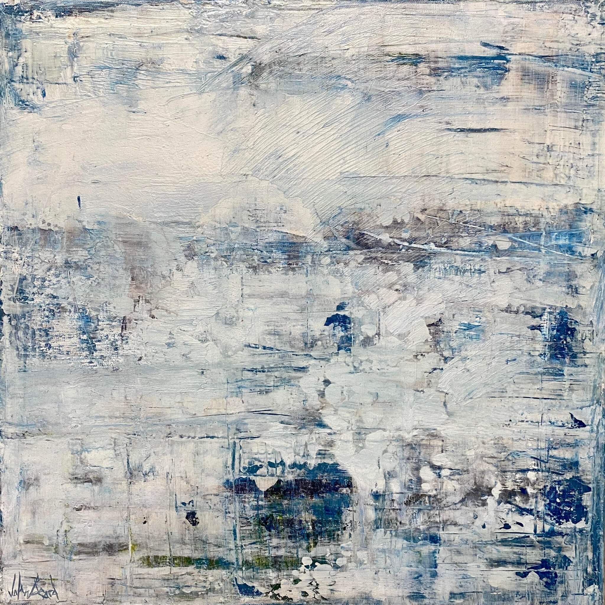 Arrow I abstract artwork in blue, white, and black tones on 48x48 canvas with gallery wrap frame