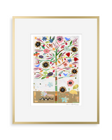 Framed whimsical tree illustration with colorful flowers, leaves, birds, and mushrooms on white background, featuring earthy brown base and gold frame.