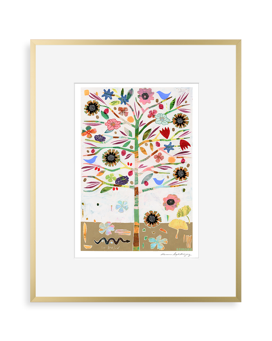 Framed whimsical tree illustration with colorful flowers, leaves, birds, and mushrooms on white background, featuring earthy brown base and gold frame.