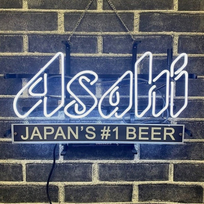 Japan's #1 Beer Asahi Real Neon Sign Light showing bright red and white neon tubes on a square backing