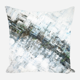 Square pillow with abstract textured pattern featuring diagonal streaks of white, gray, black, and subtle hints of blue and green, creating a misty and layered effect.