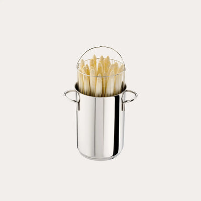CRISTEL USA asparagus pot with glass lid shown from front angle in kitchen setting