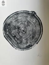 Black ink print of aspen tree rings showing detailed concentric growth patterns on white background, signed bottom right, from Carson, New Mexico.