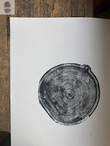 Black ink print of an aspen tree cross-section showing detailed growth rings and natural bark texture on white paper, signed in the lower right corner.