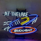 Yacht At The Lake Bud Light Neon Light Sign glowing indoors with yacht and lake design on metal grid backing