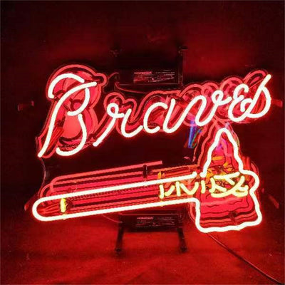Atlanta Braves Baseball Logo Neon Sign Light mounted on a wall with glowing blue and red neon tubes