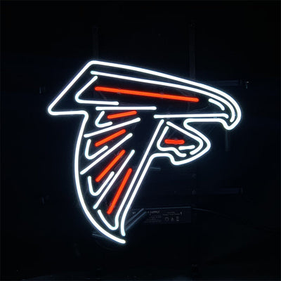 Atlanta Falcons NFL Football logo Neon Sign glowing red and black on metal grid backing