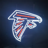 Neon sign of the Atlanta Falcons logo outlined in bright white with red highlights on a black background.