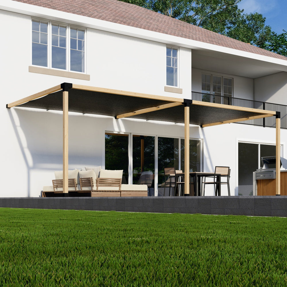 Side view of attached pergola kit with canopies