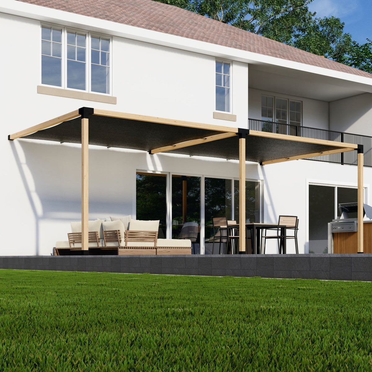 Side view of attached pergola kit with canopies