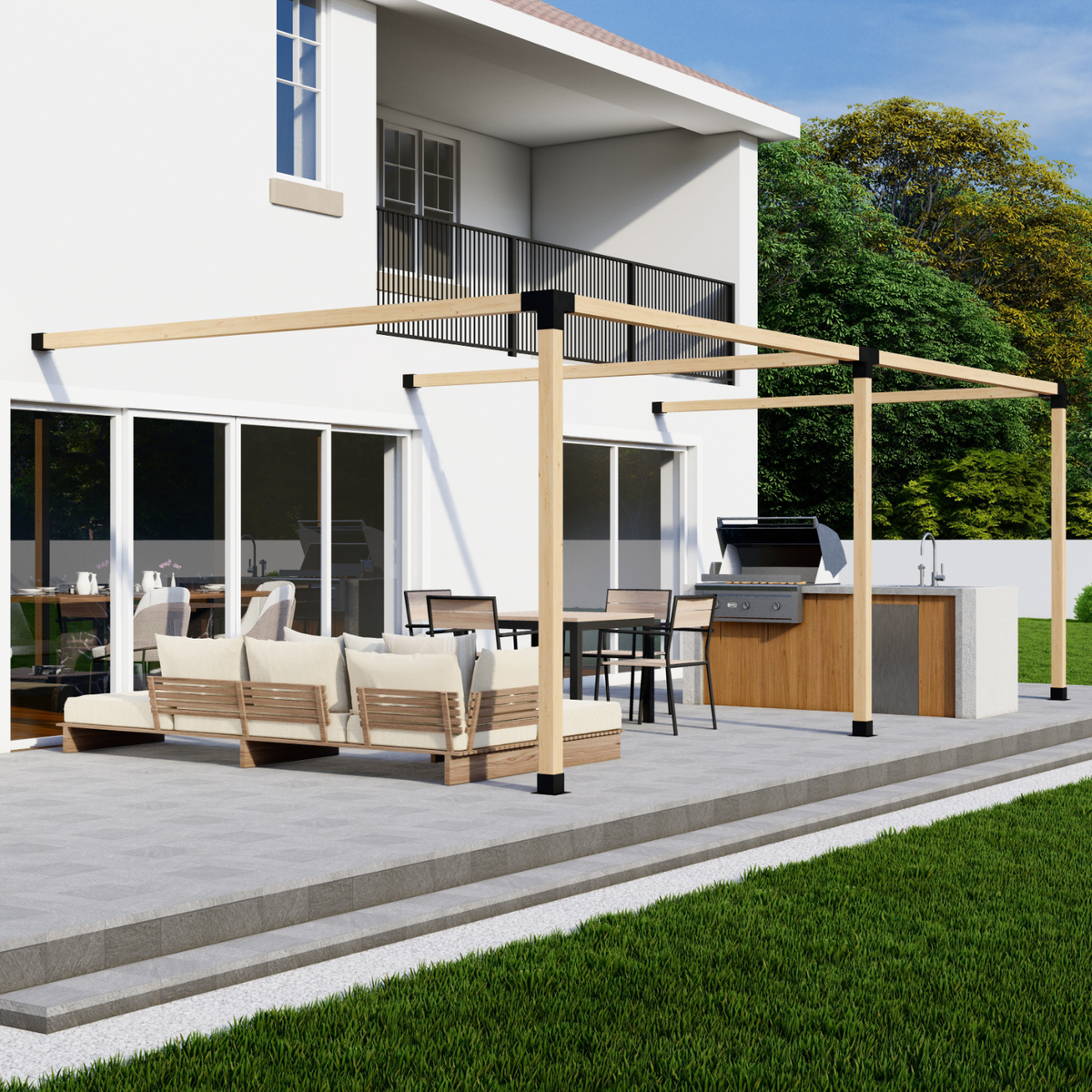 DIY Pergola Bracket Kit components shown including 4x4 and 6x6 metal brackets