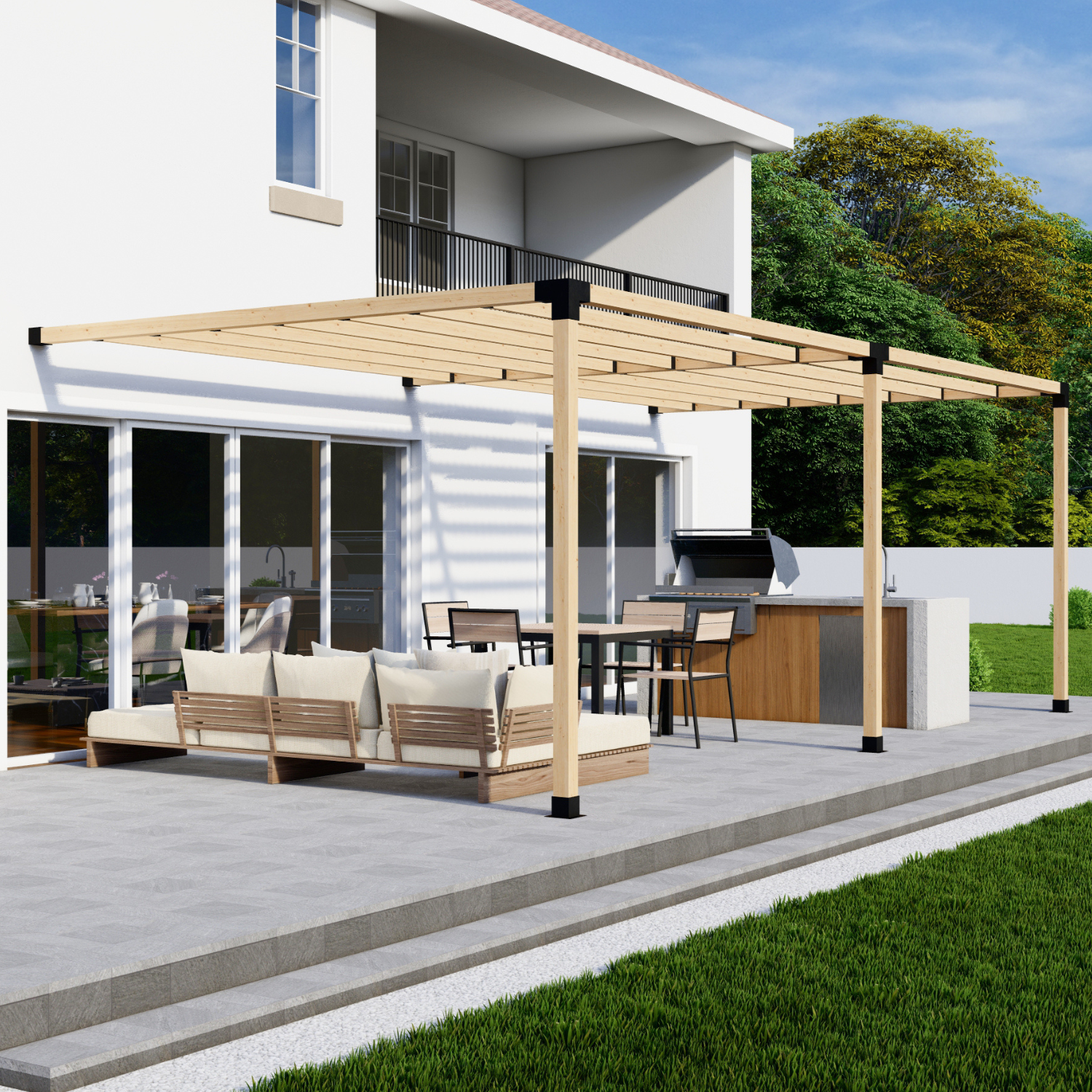 DIY Pergola Bracket Kit components and example pergola roof styles