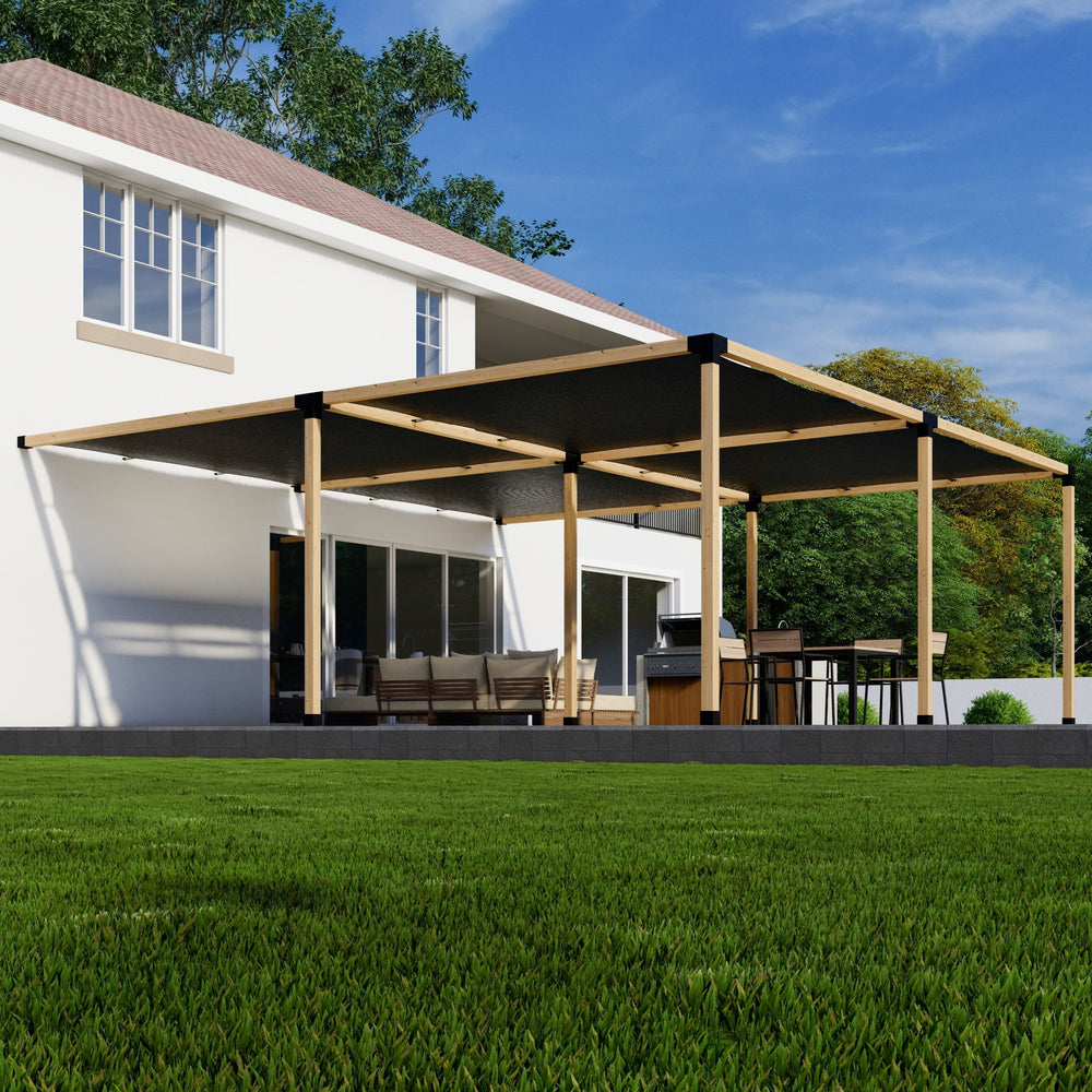 DIY Pergola Kit components and attached pergola with canopies