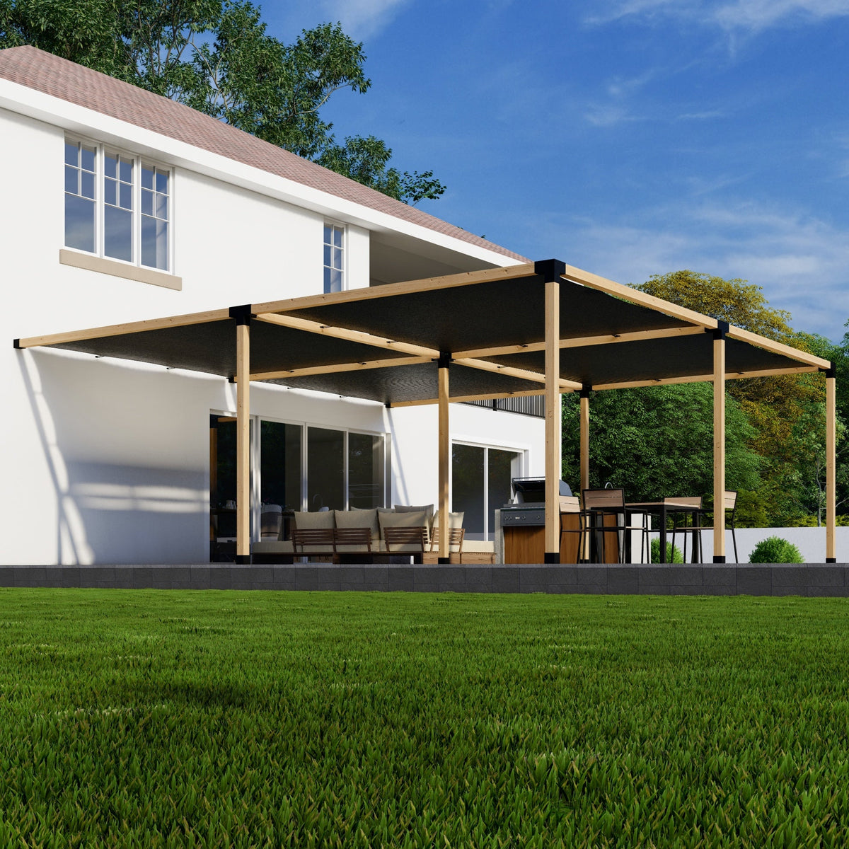 DIY Pergola Kit components and attached pergola with canopies