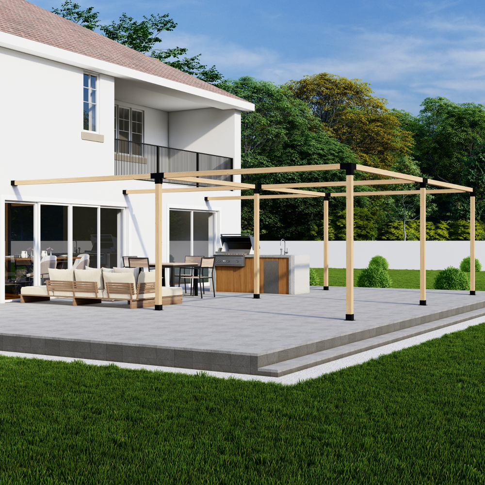 Metal pergola bracket kit parts laid out on a white background