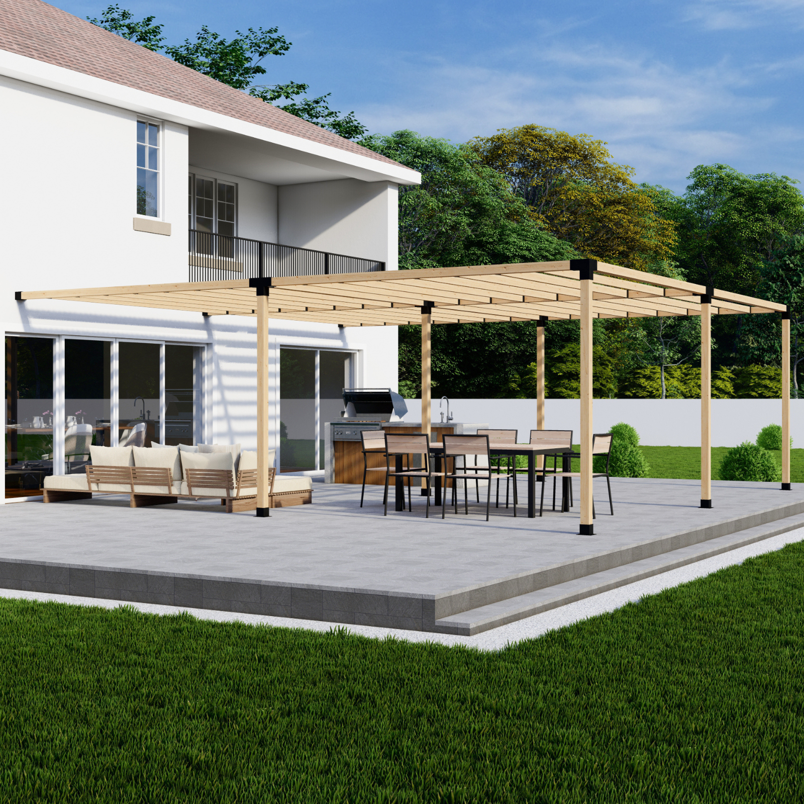 DIY Pergola Bracket Kit showing various steel brackets laid out on wood surface