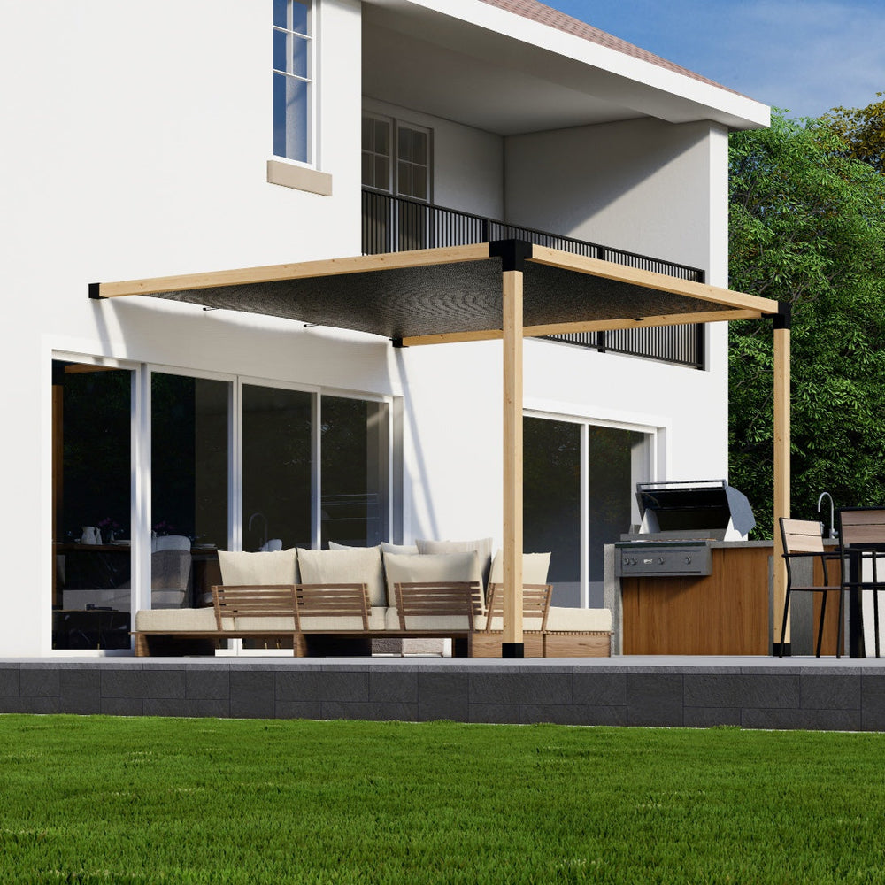 Side and top views of the DIY attached pergola kit with canopy up to 12 by 12 feet